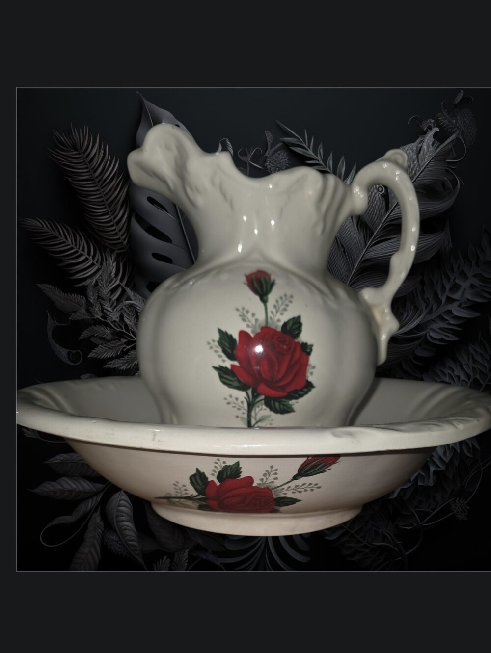 Ceramic White Pitcher and Bowl Set with Red Rose Design